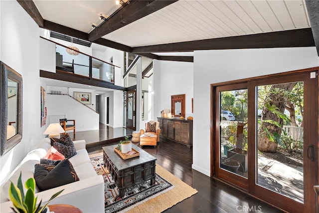 living room with high vaulted ceiling, dark hardwood / wood-style floors, wooden ceiling, and beam ceiling