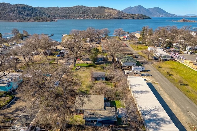 birds eye view of property with a water and mountain view