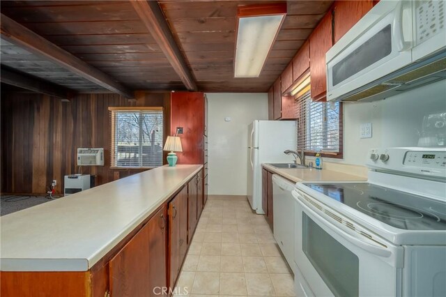 kitchen featuring sink, wood ceiling, white appliances, wooden walls, and beamed ceiling