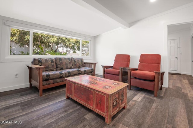 living room featuring beam ceiling and dark hardwood / wood-style floors