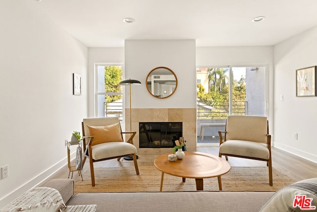 sitting room with a fireplace and light hardwood / wood-style floors