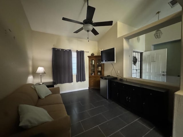 living room with vaulted ceiling and ceiling fan