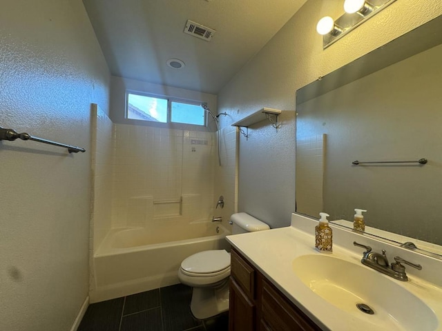 full bathroom with shower / bathtub combination, vanity, toilet, and tile patterned flooring