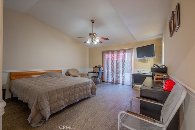 bedroom with lofted ceiling, wood-type flooring, and ceiling fan