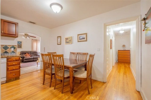 dining space featuring light hardwood / wood-style flooring and ceiling fan