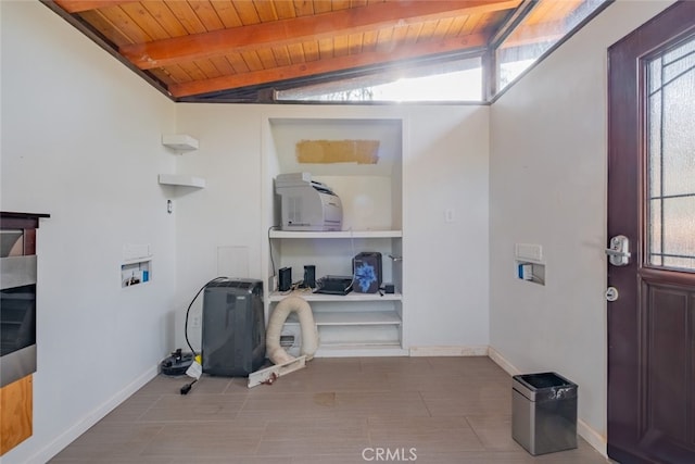 clothes washing area with hookup for a washing machine and wood ceiling