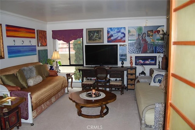 living room featuring crown molding, carpet flooring, and a baseboard heating unit