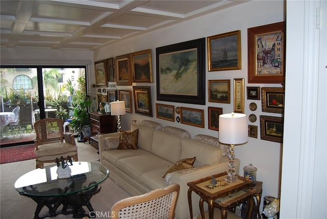 interior space with coffered ceiling and beam ceiling