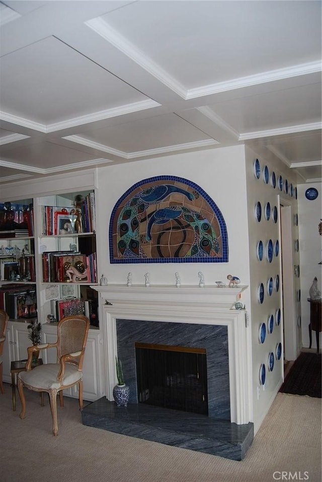 living room with ornamental molding, carpet, coffered ceiling, and beam ceiling