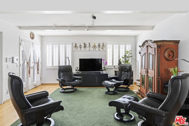 living room featuring beamed ceiling and light wood-type flooring