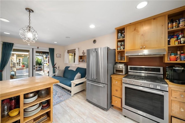 kitchen with french doors, decorative light fixtures, a chandelier, appliances with stainless steel finishes, and light hardwood / wood-style floors