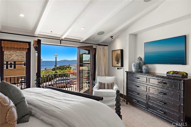 carpeted bedroom featuring lofted ceiling with beams and access to outside