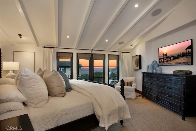 bedroom featuring lofted ceiling with beams, access to outside, and light colored carpet