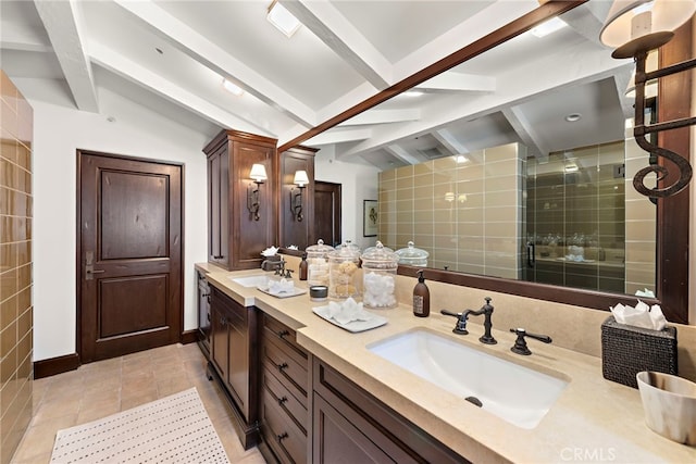 bathroom featuring vanity, vaulted ceiling with beams, tile patterned floors, and a shower with door