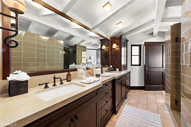 bathroom with vanity, an enclosed shower, and vaulted ceiling with beams