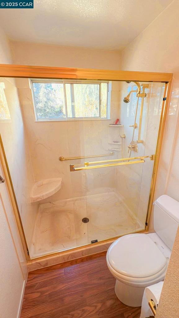 bathroom featuring hardwood / wood-style flooring, a shower with shower door, a textured ceiling, and a healthy amount of sunlight