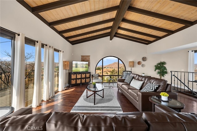 living room featuring beamed ceiling, high vaulted ceiling, a healthy amount of sunlight, and wood ceiling