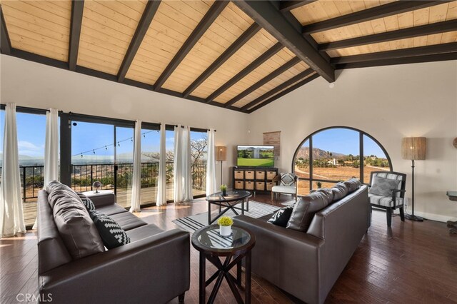 living room featuring dark wood-type flooring, beam ceiling, high vaulted ceiling, a wealth of natural light, and wooden ceiling