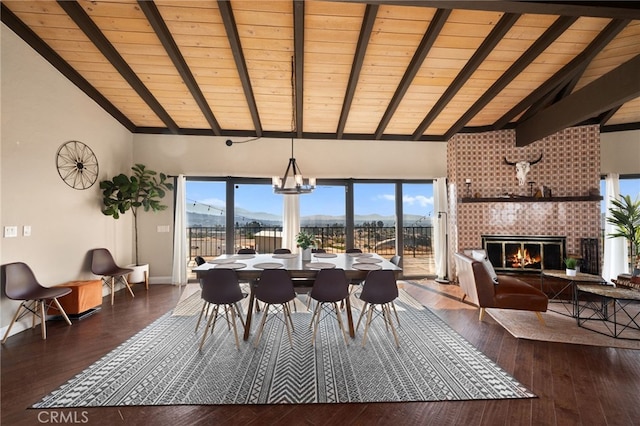 dining space with a fireplace, a wealth of natural light, wooden ceiling, and dark hardwood / wood-style floors