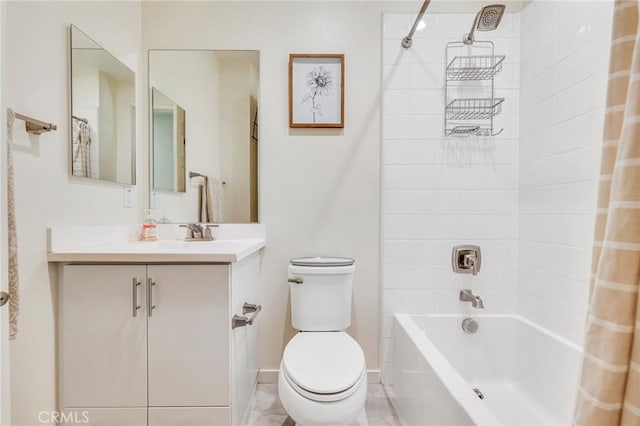 full bathroom featuring vanity, shower / bath combination with curtain, toilet, and baseboards