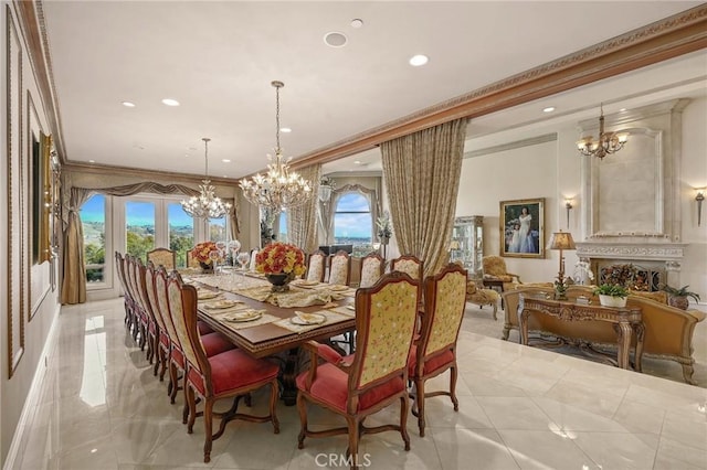 dining room featuring crown molding and a notable chandelier