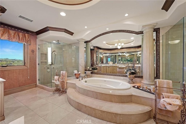 bathroom with ornate columns, a chandelier, vanity, independent shower and bath, and tile patterned flooring