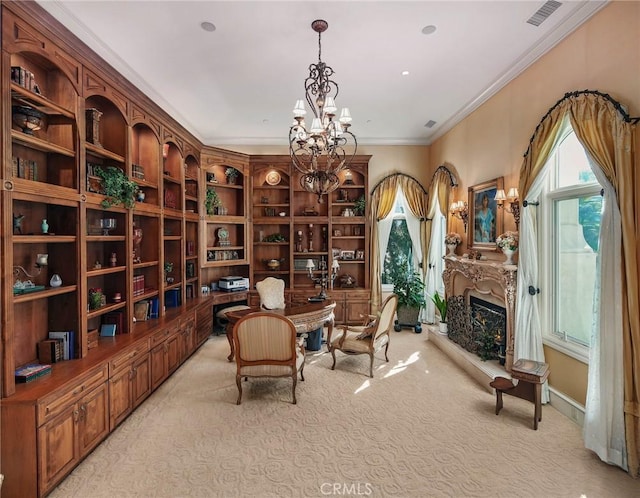 sitting room featuring light colored carpet, ornamental molding, and a chandelier