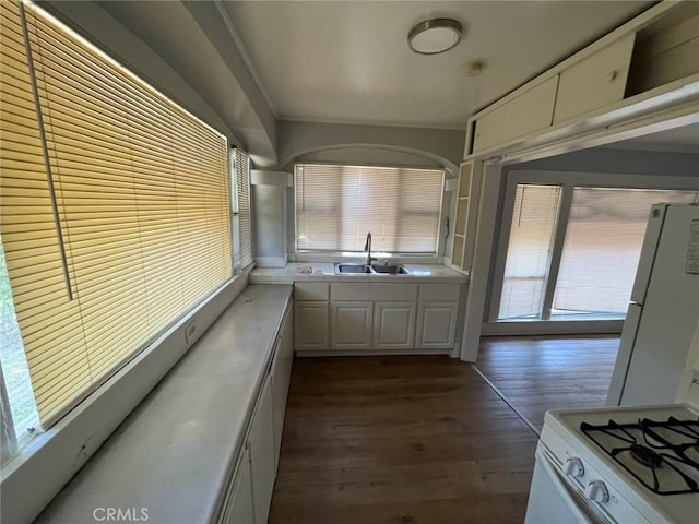 kitchen with white cabinetry, white appliances, dark hardwood / wood-style floors, and sink