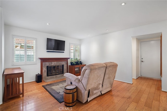 living room featuring a premium fireplace and light hardwood / wood-style flooring