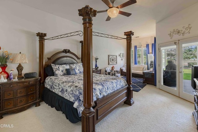 carpeted bedroom featuring access to outside and ceiling fan