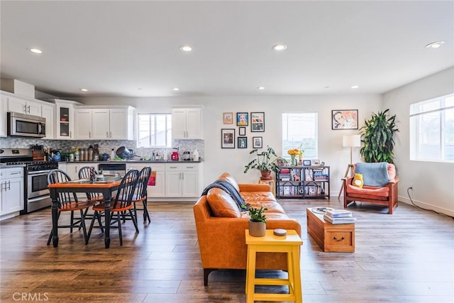 living room with dark hardwood / wood-style floors