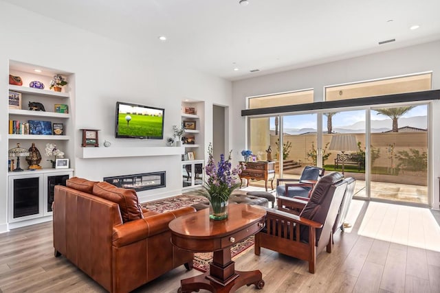 living room with light hardwood / wood-style floors and built in features