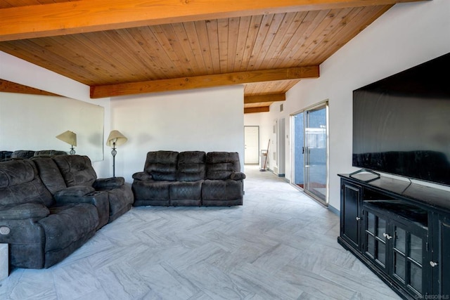 living room with wood ceiling and beamed ceiling