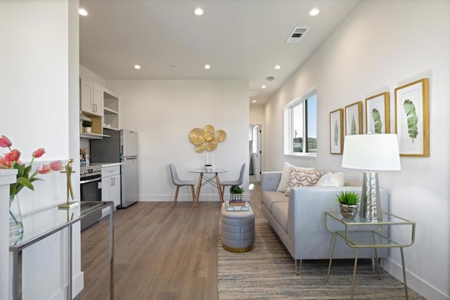 living room with dark wood-type flooring