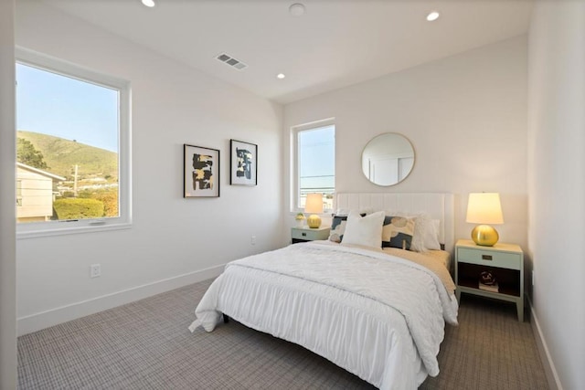 carpeted bedroom featuring a mountain view