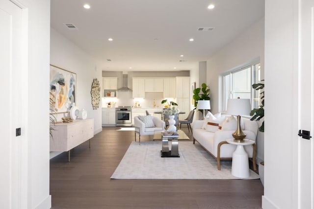 living room with dark wood-type flooring