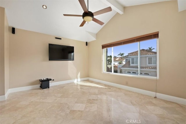 unfurnished living room with beamed ceiling, ceiling fan, and high vaulted ceiling