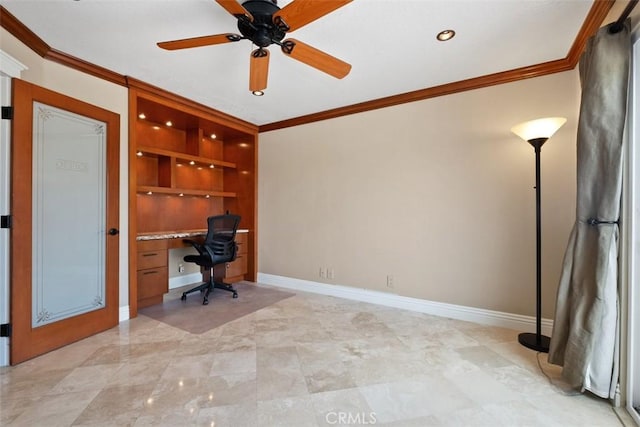 unfurnished office featuring crown molding, ceiling fan, and built in shelves