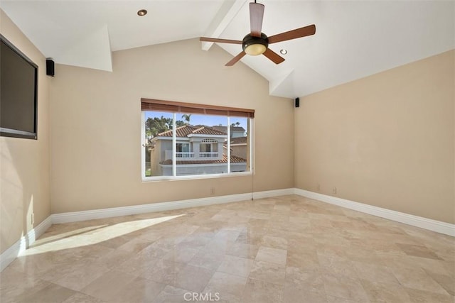 empty room featuring beamed ceiling, ceiling fan, and high vaulted ceiling