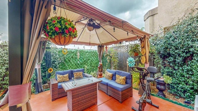 view of patio featuring a gazebo and outdoor lounge area