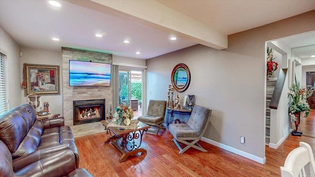 living room featuring a large fireplace and hardwood / wood-style floors