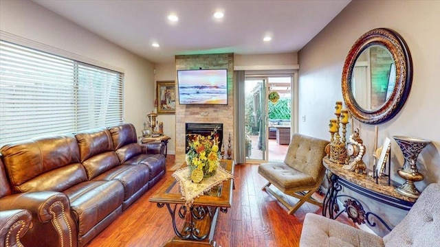 living room featuring wood-type flooring and a fireplace