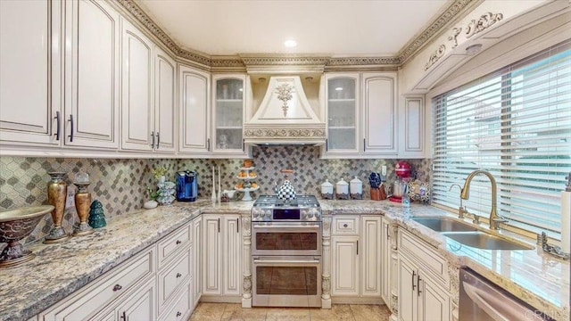 kitchen with tasteful backsplash, stainless steel appliances, sink, and custom exhaust hood