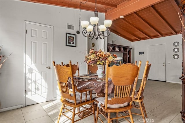 dining space featuring an inviting chandelier, light tile patterned floors, wood ceiling, and lofted ceiling with beams