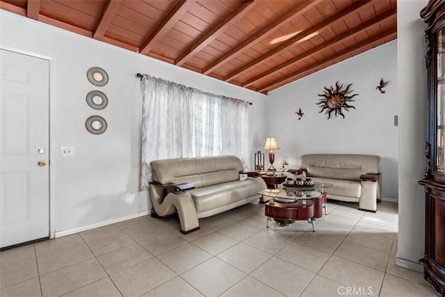 living room featuring lofted ceiling with beams, light tile patterned floors, and wood ceiling