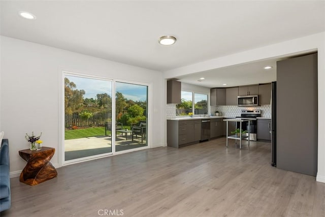 kitchen with stainless steel appliances, light hardwood / wood-style flooring, and decorative backsplash