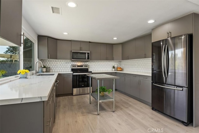 kitchen with stainless steel appliances, a center island, gray cabinets, and sink