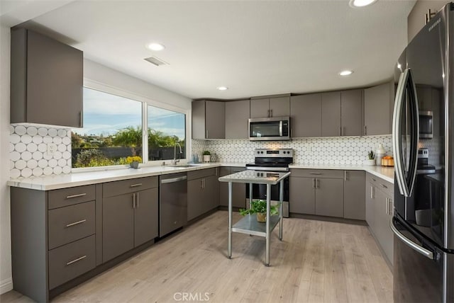 kitchen with sink, gray cabinets, stainless steel appliances, and light hardwood / wood-style floors