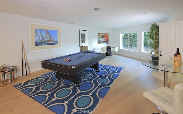 rec room with light wood-type flooring and billiards