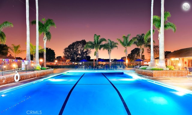 pool at dusk with a patio